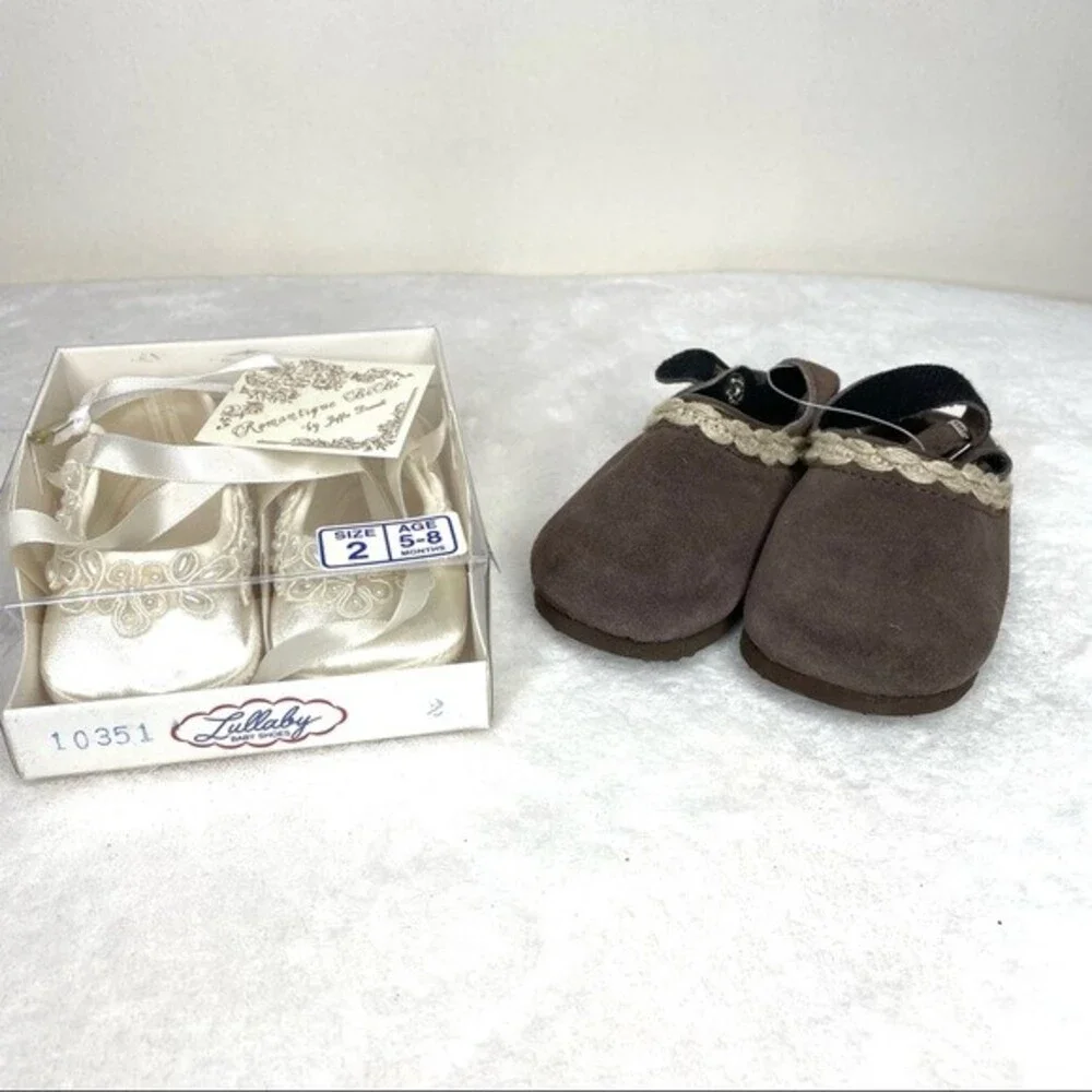 Baby Shoes White Ivory Vintage Gold Bug Clogs Brown Satin Faux Pearl Applique